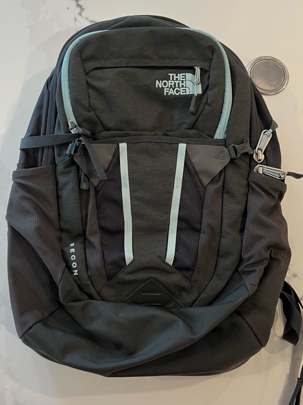 The North Face Charcoal Gray Backpack with Aqua Trim New
